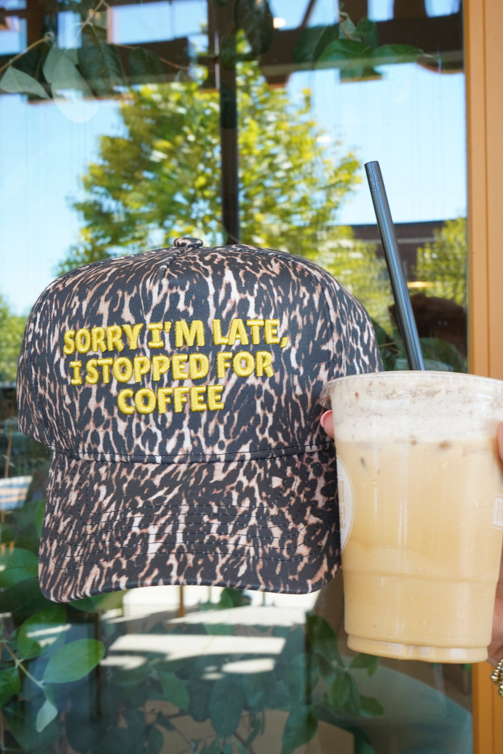 Sorry I'm Late, I Stopped for Coffee - Luxe Leopard Trucker Hat