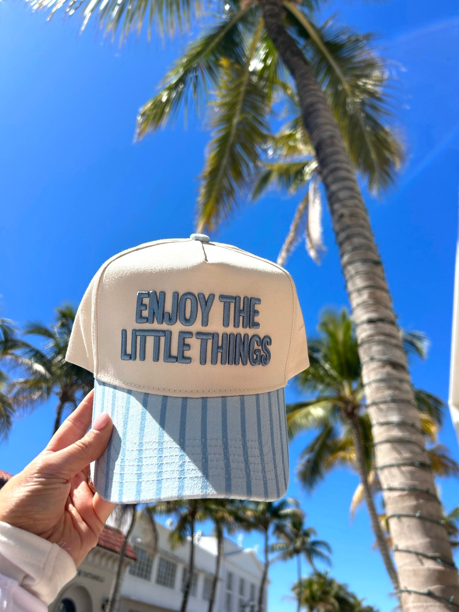 Enjoy the Little Things - Blue Stripe Vintage Trucker Hat - PREORDER