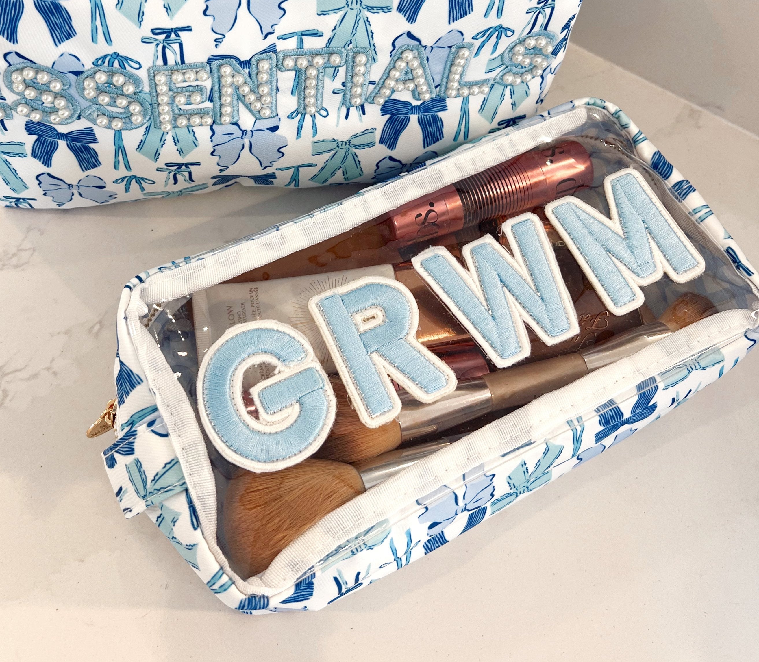 GRWM - Blue Bows Clear Large Makeup Bag
