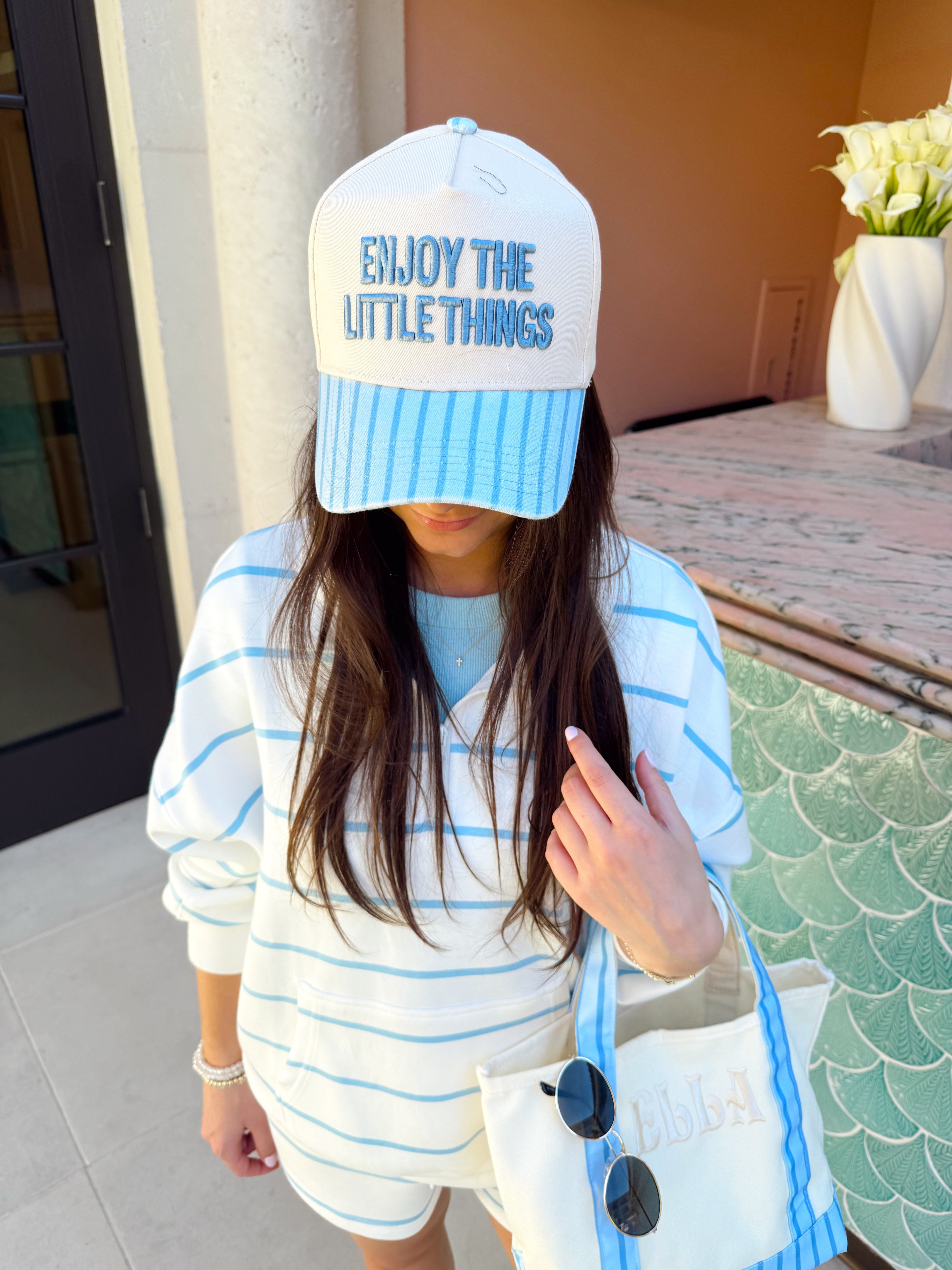 Enjoy the Little Things - Blue Stripe Vintage Trucker Hat - PREORDER