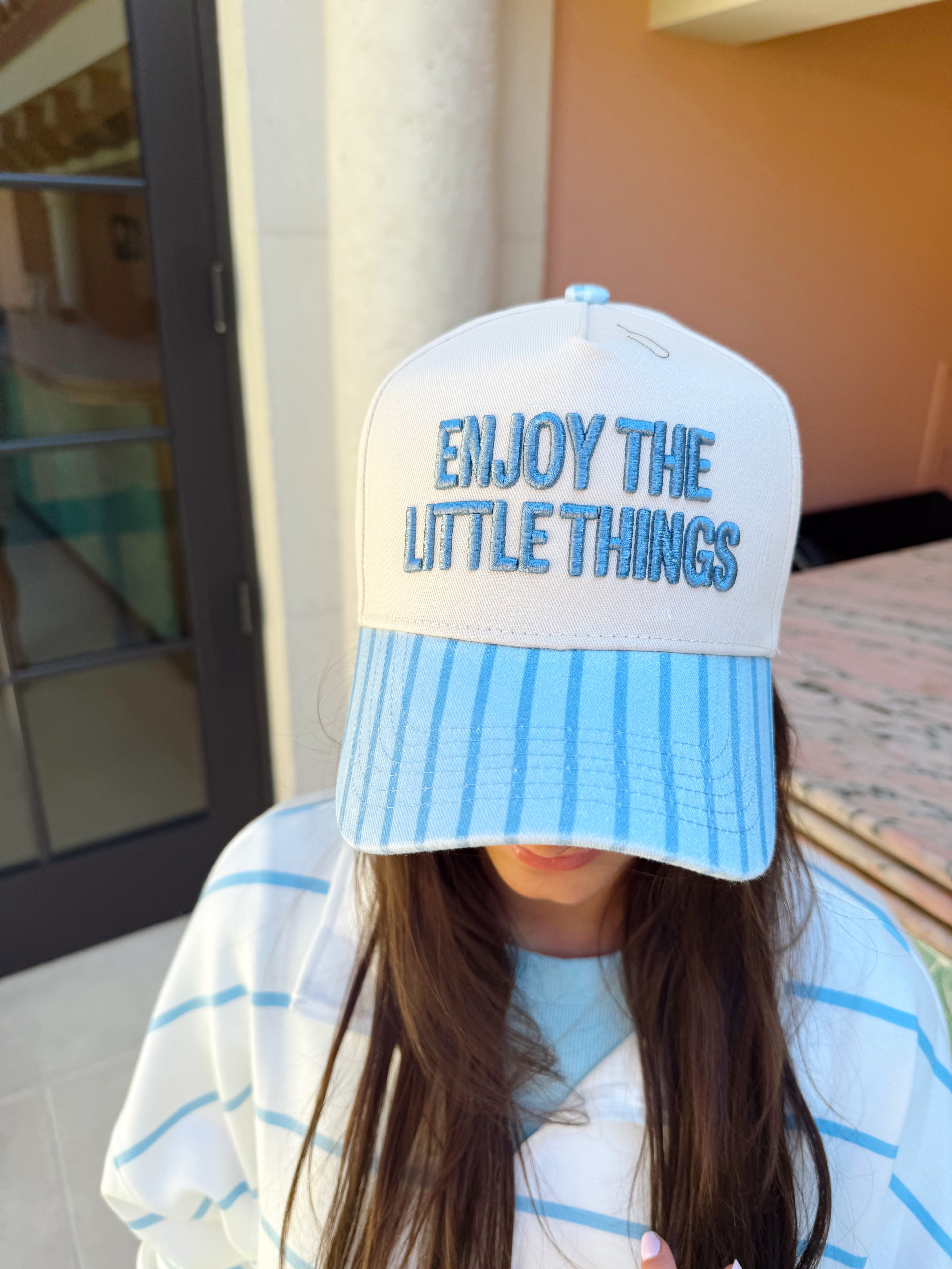 Enjoy the Little Things - Blue Stripe Vintage Trucker Hat - PREORDER