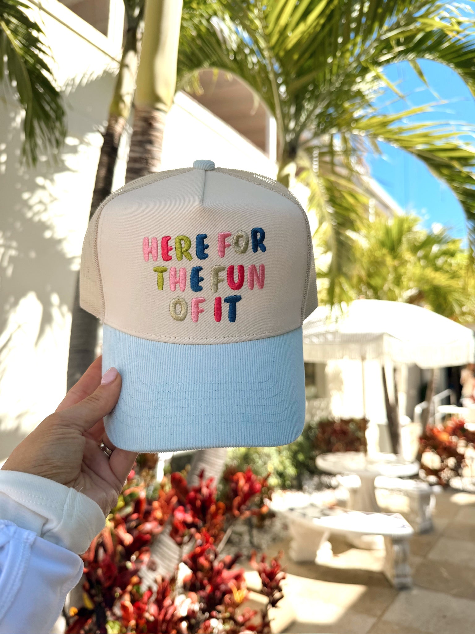 Here for the Fun of it - Baby Blue Corduroy Trucker Hat - PREORDER