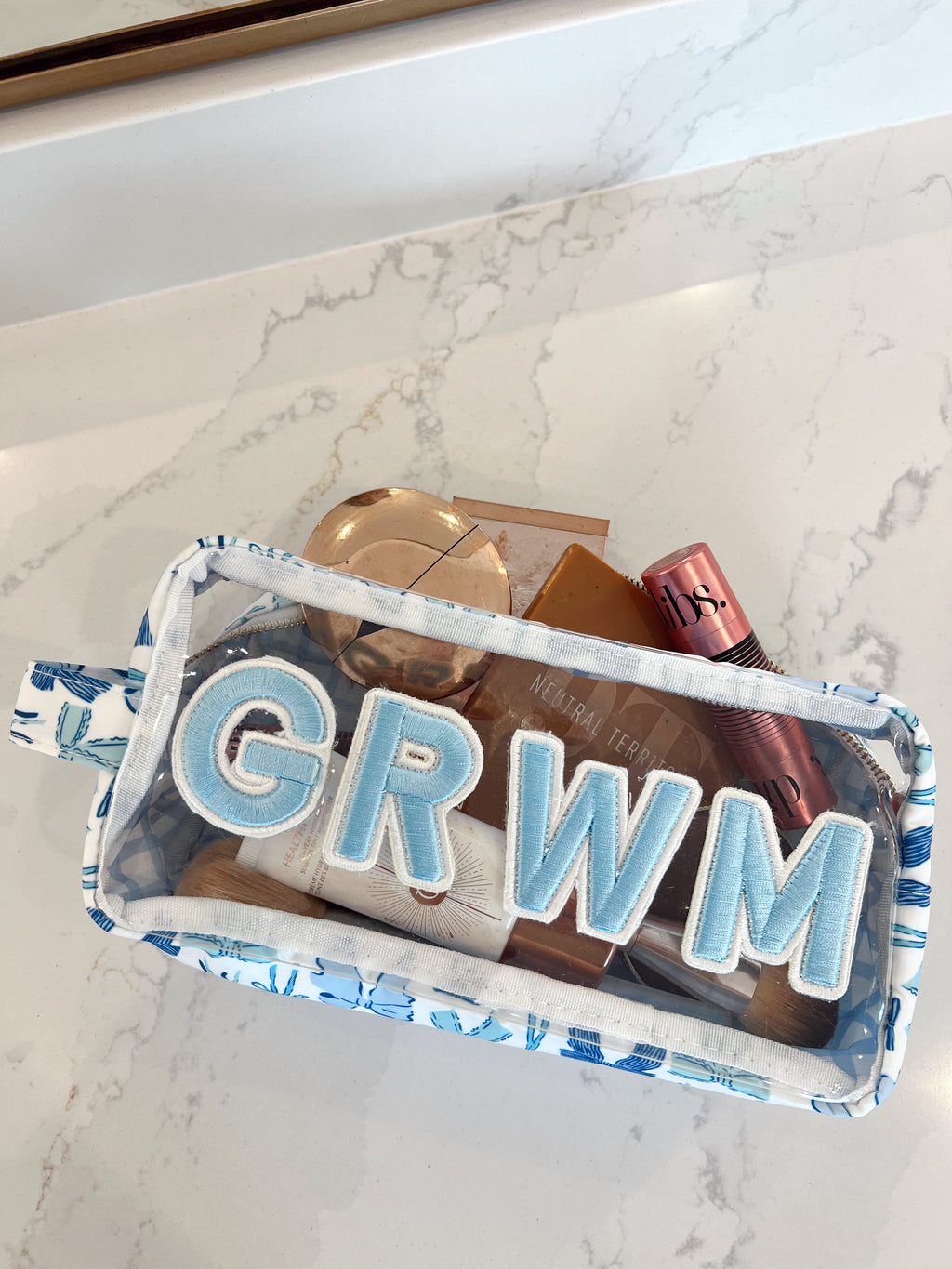 GRWM - Blue Bows Clear Large Makeup Bag